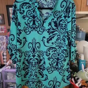 V-Neck Turquoise Blue Damask Tunic Top
